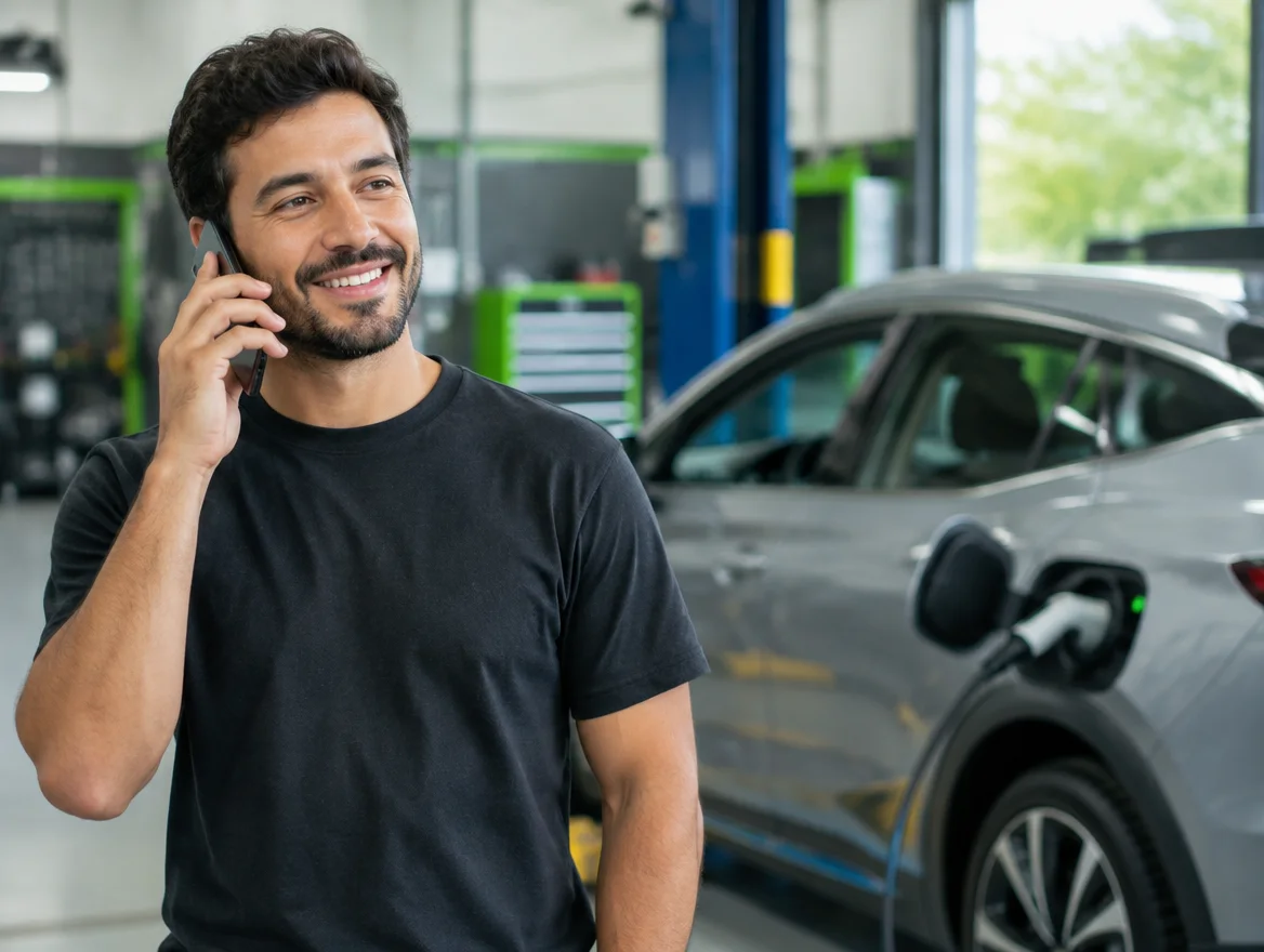 Mecânico em oficina de veículos híbridos falando ao telefone com a equipe HiTech